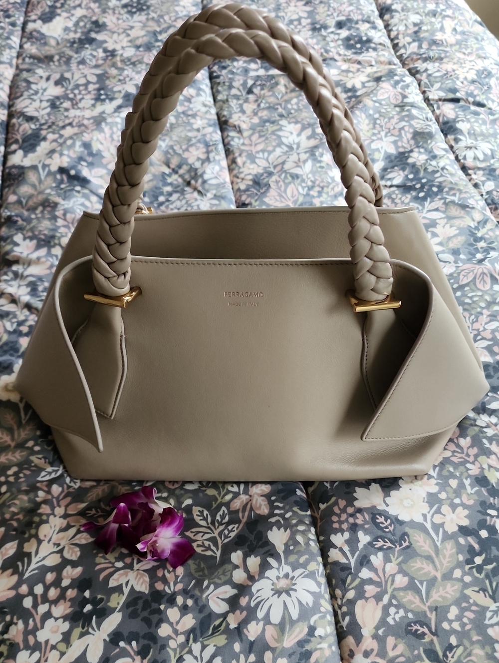 Salvatore Ferragamo Taupe Braided-Handle Leather Satchel